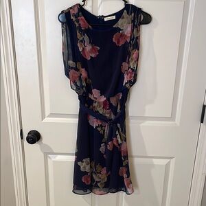 Gilli Blue Pink Tie Front Mini Dress with Crew Neck